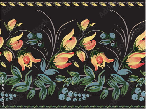 Floral vector seamless border pattern from yellow flowers and blue berries on a black background