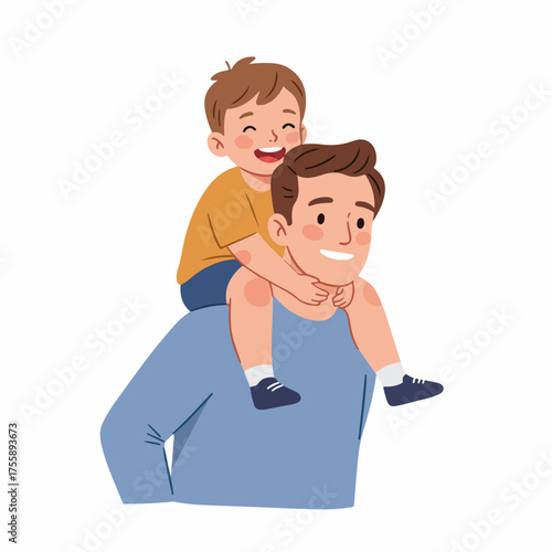 Cartoon Cheerful Father Giving Piggyback Ride to Little Son Illustration