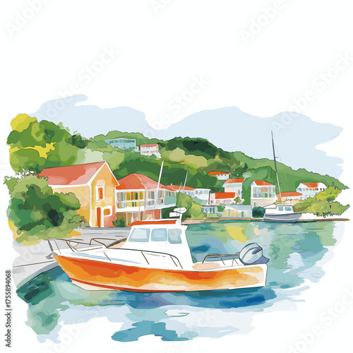 English Harbour. English Harbour hand drawn watercolor illustration