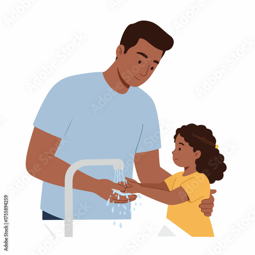 Flat Illustration Father Teaching Little Daughter Handwashing Hygiene Routine