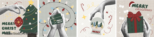 Christmas card designs set with cozy festive mood. Collection of retro illustrations showing halftone hands holding ornament, snow globe, and gift box. Warm merry greetings in vintage palette. Flat
