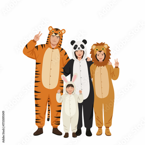 Cheerful Flat Cartoon Family Wearing Animal Onesie Costume Illustration