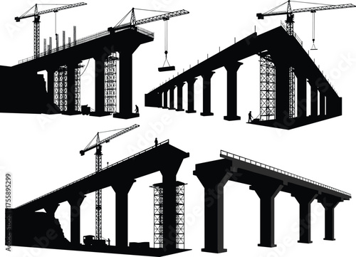 Bridge construction stages, crane lifting segments, scaffolding structure, support columns, engineering process, urban infrastructure, civil development, vector 