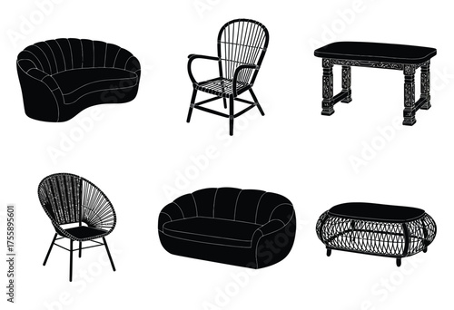 Set of six black silhouette vector illustrations of furniture icons scalable eps graphic design elements vector illustration white background