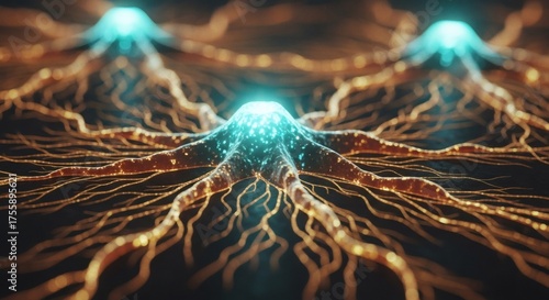 Teal Amber Glowing Neural Network Roots