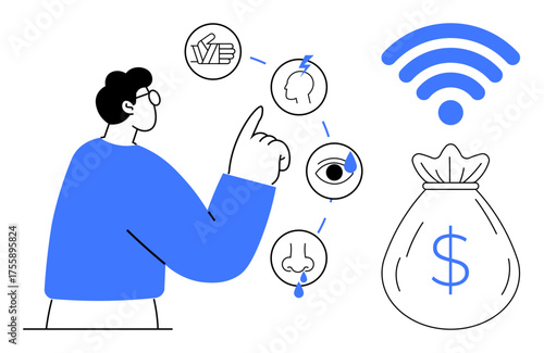 Person points to sensory icons including touch, sound, vision, taste, and smell, linked to monetary growth and wireless connectivity. Ideal for innovation, finance, decision-making technology