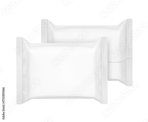 Blank flow package bag mockup. Front and back view. Vector illustration isolated on white background. Can look great on any background. Isolated on white background. Perfect for your product. EPS10.
