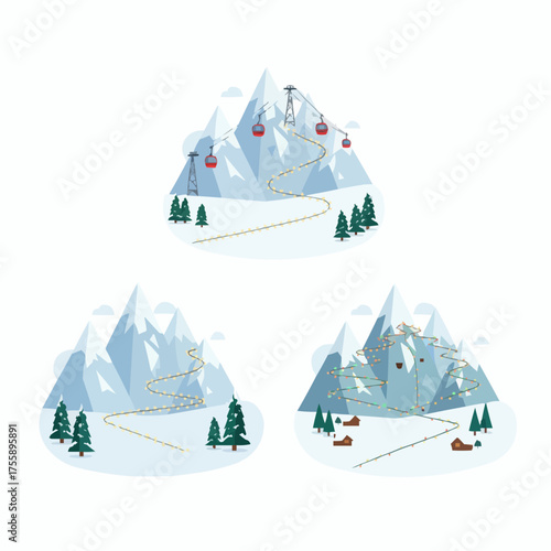 Winter mountain landscape vector illustrations with ski slopes and trees