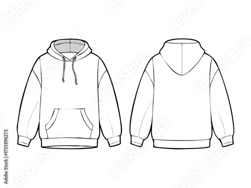 Classic Hoodie technical fashion illustration. hoodie vector template illustration. front and back view. oversized. drop shoulder. unisex. white color. CAD mockup.