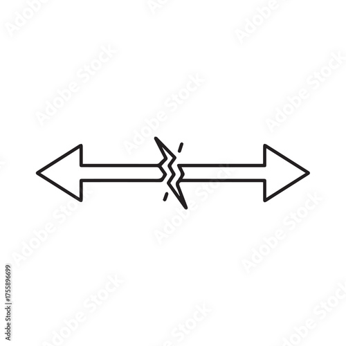 A linear arrow symbol is broken in the middle, indicating separation or conflict.