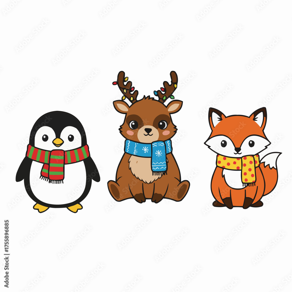 Obraz premium Cute winter animals penguin deer fox cartoon characters vector illustration scalable eps