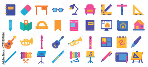 Colorful education and gardening icons set featuring tools and accessories
