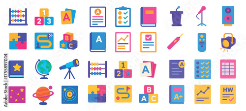 Colorful flat design icons of stationery, music instruments, and office items