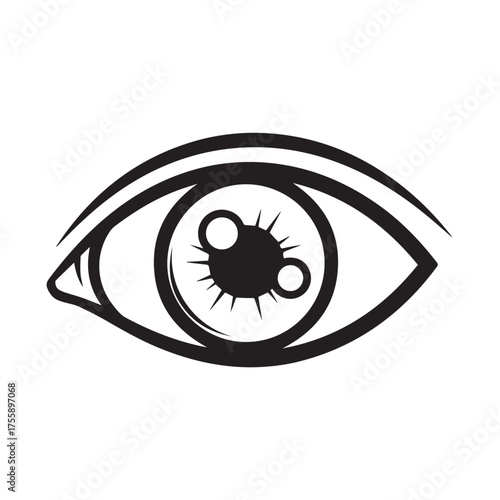Stylized eye illustration with a unique pupil design, featuring circular elements within the iris.