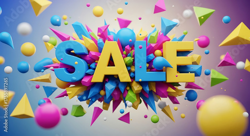 Colorful sale explosion of geometric shapes and balloons