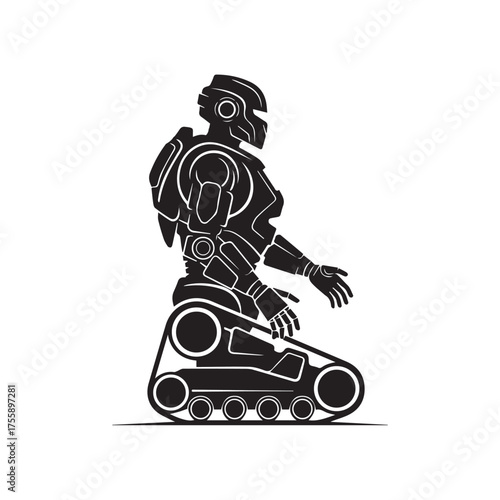 A black and white silhouette illustration of a futuristic robot with a humanoid torso and tank treads for legs, isolated on a white background.