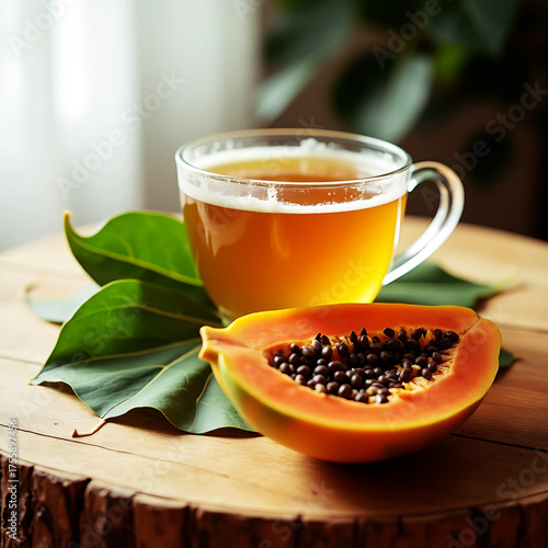 Wallpaper Mural A cup of papaya tea with a slice of papaya on a wooden table Torontodigital.ca