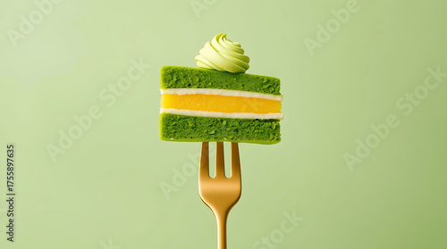 Wallpaper Mural Matcha cake on a fork isolated on green background, delicious dessert Torontodigital.ca