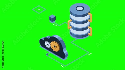 Isometric cloud database animation. Database with cloud server. Cloud storage. Data transmission technology. Isometric technology. 4K video animated in isometric style