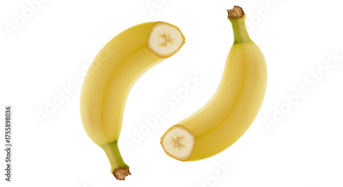 Fresh yellow bananas cut in half floating on black background design