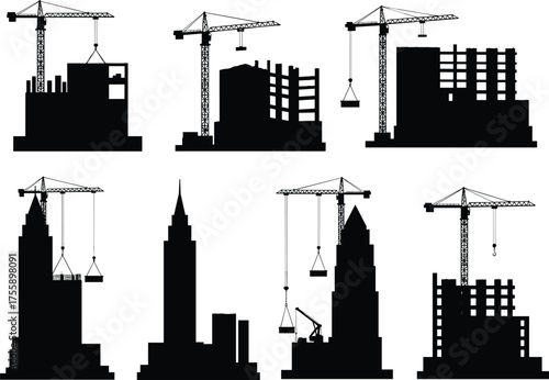 Construction site silhouettes, crane lifting materials, urban development, high-rise building, architectural structure, industrial skyline, black icons, city growth, vector 