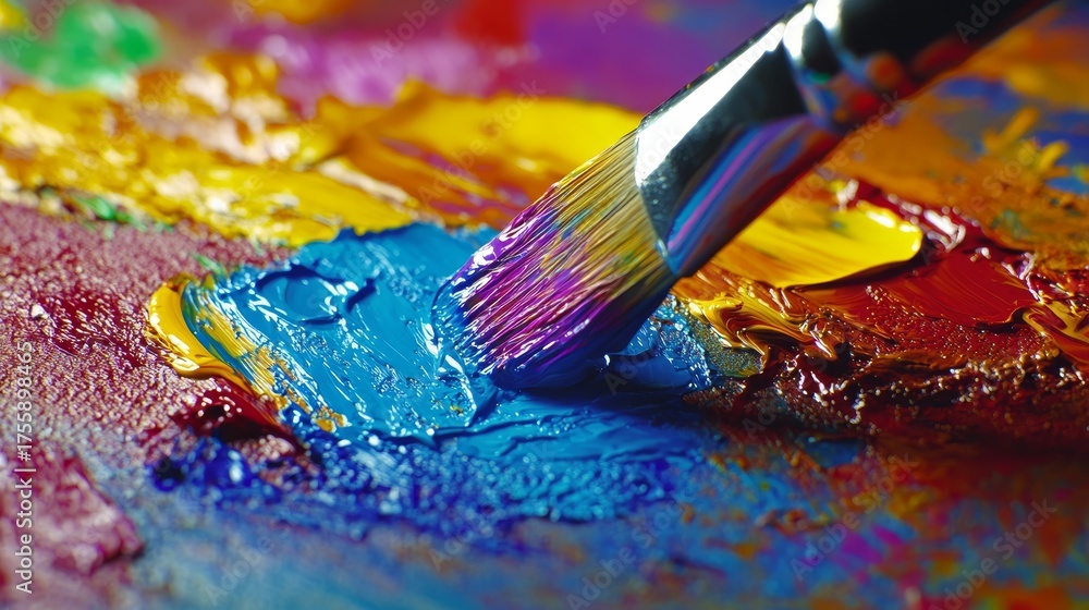 Fototapeta premium Close Up View of a Paintbrush Applying Blue Paint to a Colorful Palette for Vibrant Art Creation