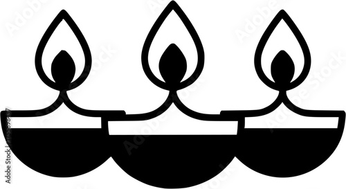 Three Diya Lamps Vector: solid icon illustration of three glowing oil lamps with orange and teal color palette, drop-shaped flames and half-round bowls, flat festive design for Diwali, Hindu festival