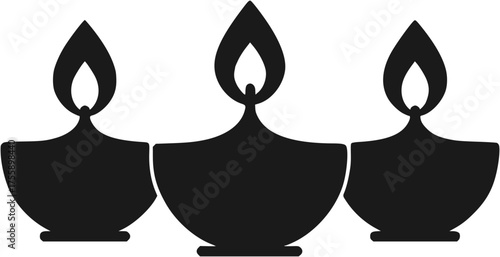 Diwali Oil Lamps Icon Set: three decorative diya lamps with drop-flame design and round bowl shape in teal and saffron tones, solid vector style on light background for Indian festival, celebration