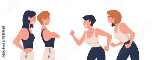 Woman Character Standing In Front of Each Other Vector Illustration