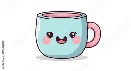 A cute cartoon mug with a happy face, pink cheeks, and a pink handle, isolated on a white background.