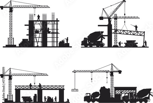 Construction site silhouettes, tower crane, cement mixer, dump truck, scaffolding, workers, building framework, heavy machinery, teamwork, black vector icons, industrial development