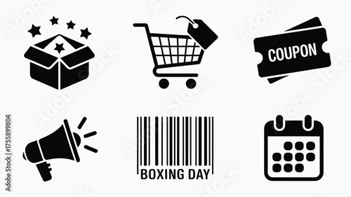 Black silhouette icons set for boxing day sales shopping and promotions vector illustration vector illustration white background