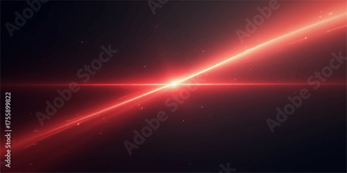 Vibrant red laser beam cuts across a dark background with subtle light flares and dust particles