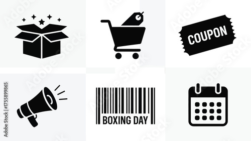Vector icons set for sales and shopping promotions including box coupon cart barcode megaphone and calendar vector illustration white background