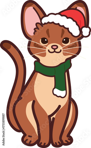 Simple and adorable Christmas illustration of Abyssinian cat sitting