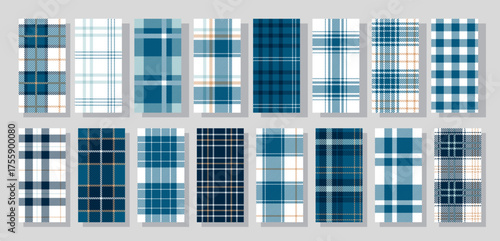 Tartan seamless pattern. Christmas plaid background. Set gingham fabrics. Vichy checkered textile. Flannel blue prints. Check table cloth textures. Lumberjack tablecloth. Vector illustration
