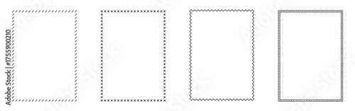 Set of black and white vertical stitched frame borders with various sewing patterns and minimalist style isolated on white background