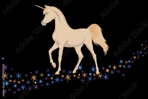 Unicorn on black background with stars. Vector illustration