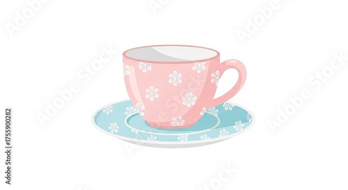 A charming pink teacup with a white floral pattern resting on a light blue saucer, isolated on a white background.