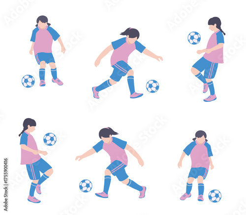 フラットイラスト　サッカーをする女の子　全身