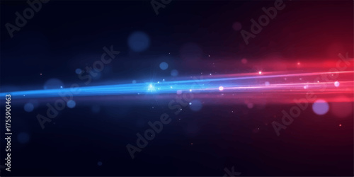 Abstract glowing light streaks in blue and red with bokeh effects on a dark background