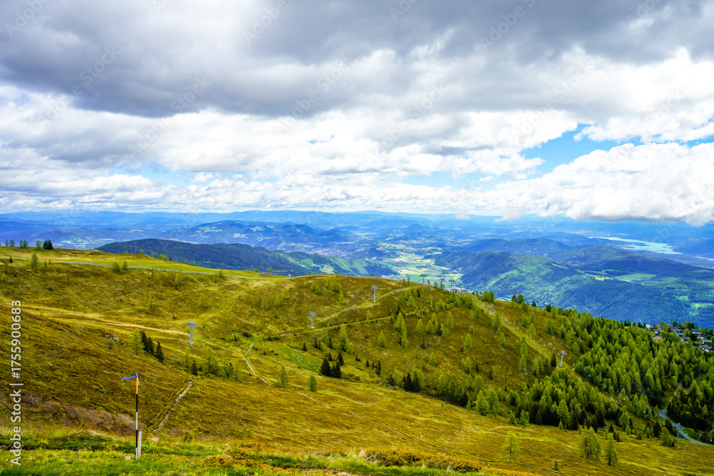 Fototapeta premium View of the surrounding landscape from the Gerlitzen Alpe. Nature on the Gerlitzen mountain in Carinthia near the Nockberge mountains. 