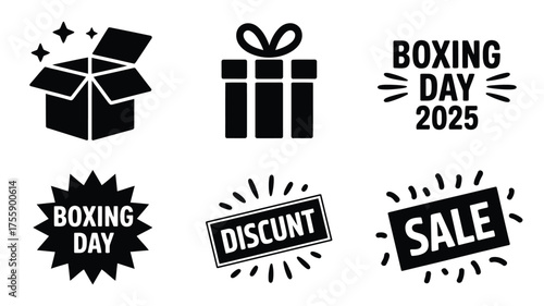 Set of 6 black silhouette illustrations featuring boxing day sale discount gift box and festive stars vector pack vector illustration white background