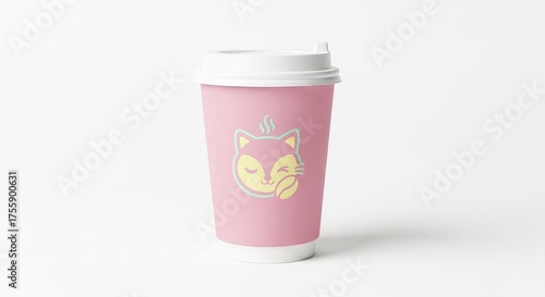 A pink disposable coffee cup with a cute sleeping fox illustration and steam, on a white background.