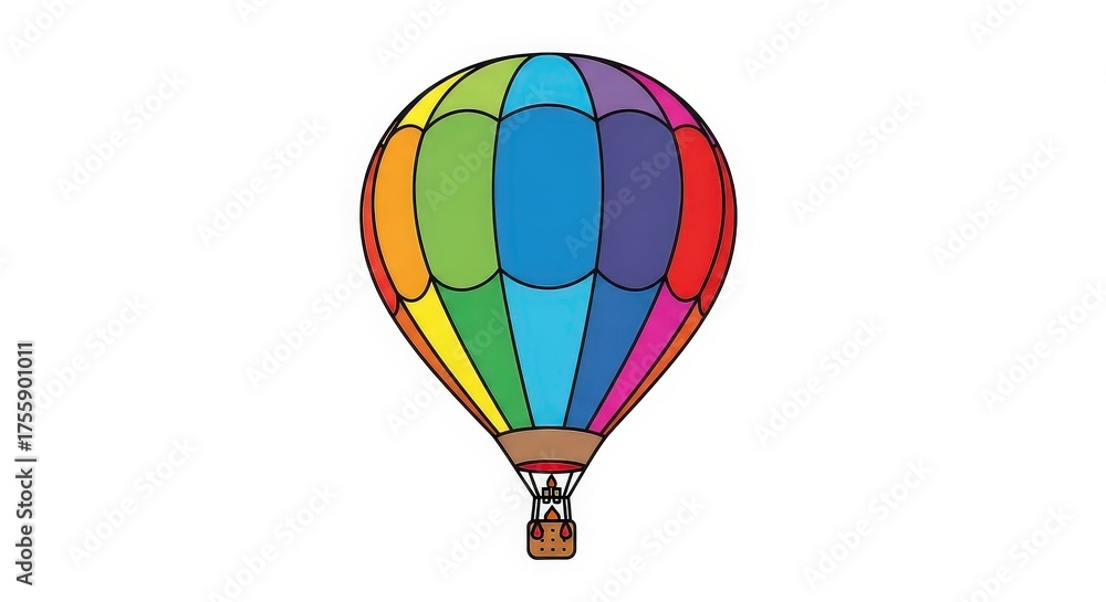 Fototapeta premium Soaring Rainbow: A vibrant hot air balloon ascends against the open sky, its colorful panels painted with a spectrum of hues, symbolizing freedom, adventure, and the pursuit of dreams.