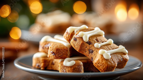Halloween cookie decorating with bone shaped icing on chocolate chip cookies stacked on plate with warm festive lights in background