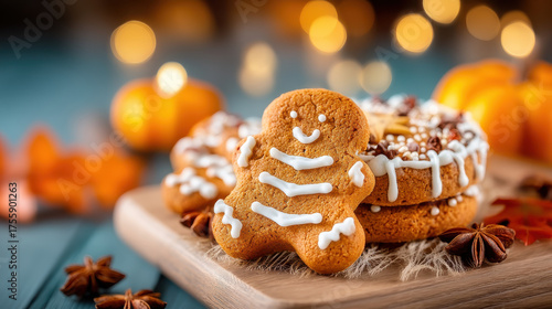 Halloween cookie decorating with gingerbread man cookie and festive autumn background lights and pumpkins creating warm cozy mood