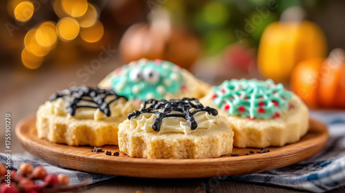 Halloween cookie decorating with spider web icing on round sugar cookie served on wooden plate with pumpkin background