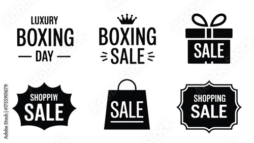 Black silhouette vector illustrations of boxing day and shopping sale badges and icons for commercial use vector illustration white background
