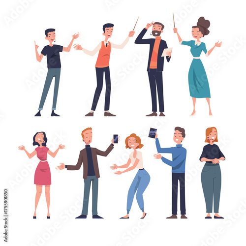 People Character Talking about Something Standing and Speaking Vector Set